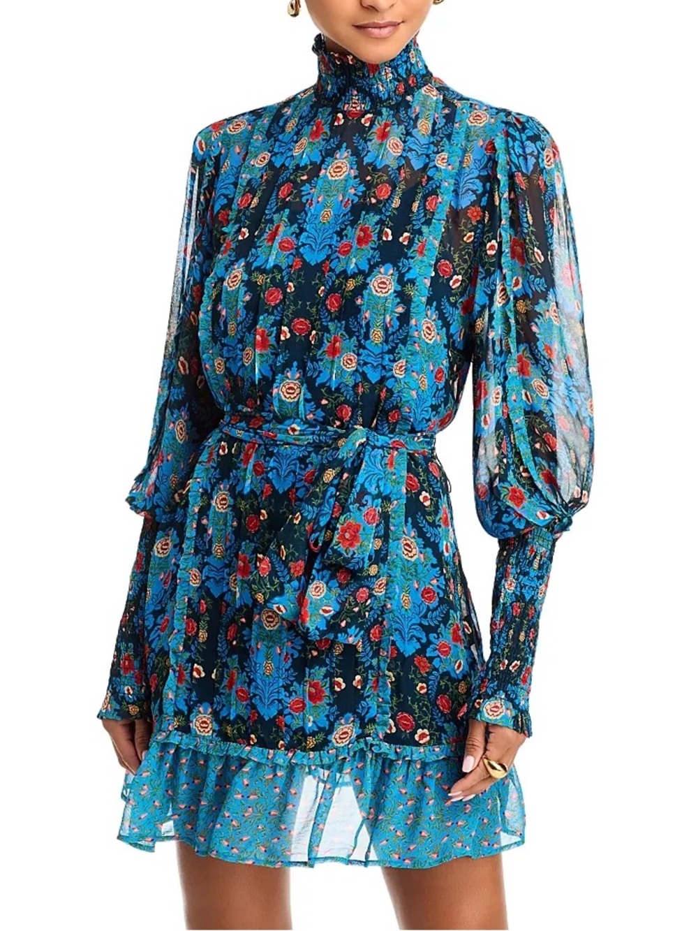 FARM Rio Blue Arabesque Floral Smocked High Neck Dress Size XL